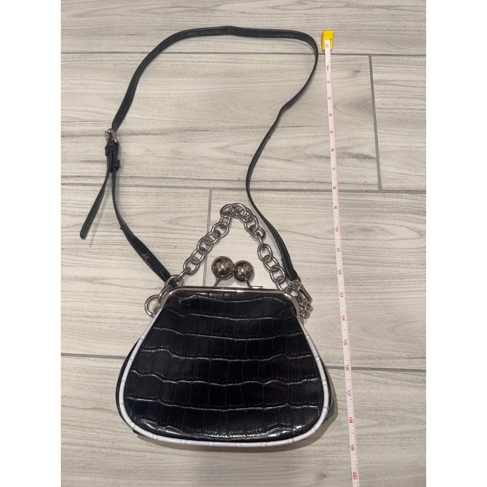 Dirty Six Black Croc Embossed Mini Kiss Lock Crossbody Bag with Chain Handle
